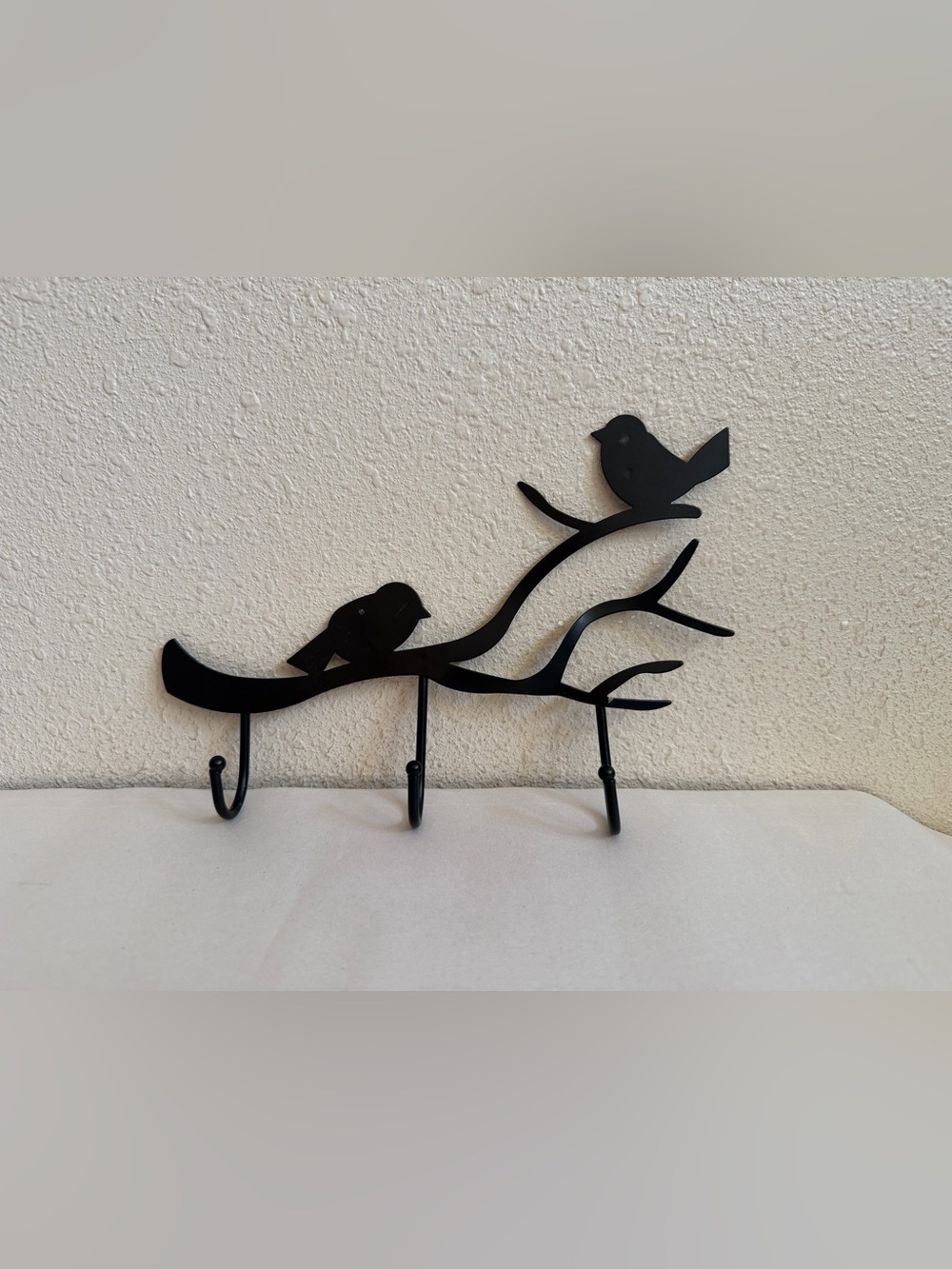 Black Metal Bird & Branch Wall Rack 3 Hooks Key Holder Rustic Nature Decor 8"